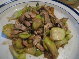 Stir fried pork with \"Opa\" (Mystery eggplant like veggie)